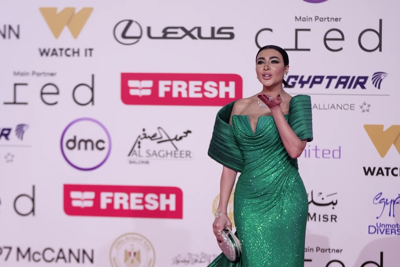 Mirhan Hussein lighting up the Cairo International Film Festival red carpet in a perfectly accentuated green — elegance redefined.